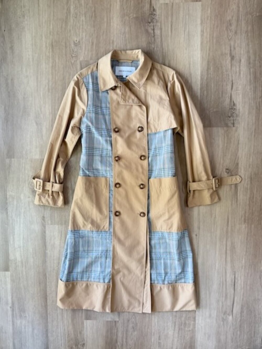 Veronica Beard Trench Coat Tan Plaid Patchwork M